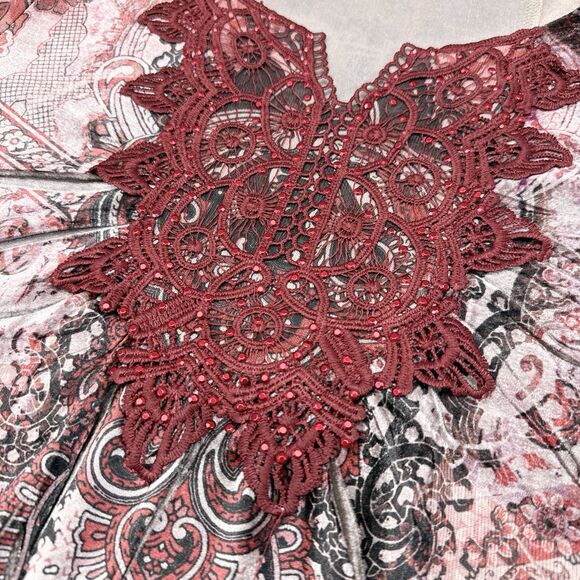 One World Tunic Top Medium‎ Red Blouse Boho Studded Embroidered Floral - Picture 3 of 10